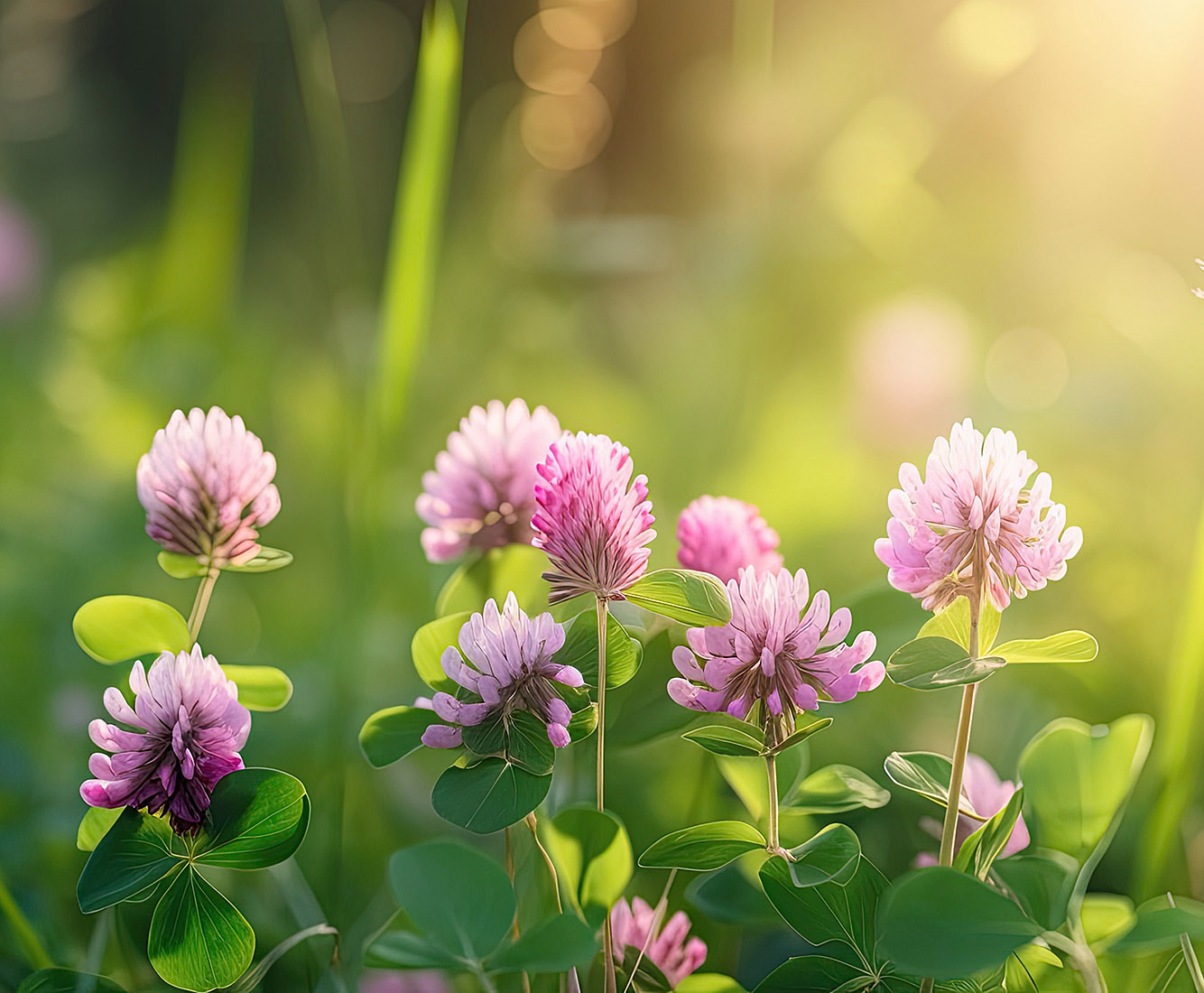 Wild red clover (Trifolium pratense) on a springtime background of sunny, gorgeous nature. pink clover flowers on a summer scene. flower filled horizontal banner for spring. Text space for copy. Generative AI